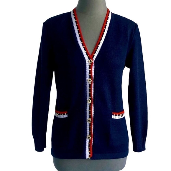 Auth ST. JOHN Blue Red White Women’s Cardigan Women Button Front V - Neck Jacket - Picture 4 of 8